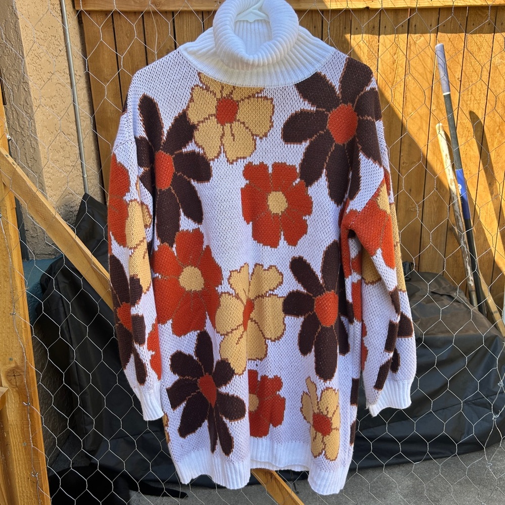 Pink Lily Floral Turtleneck Sweater - Cream, Brown, and Red